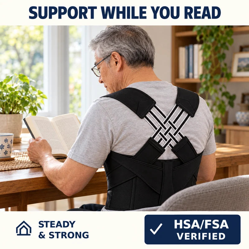 Adjustable Posture Brace
 — Wearing the posture brace while reading