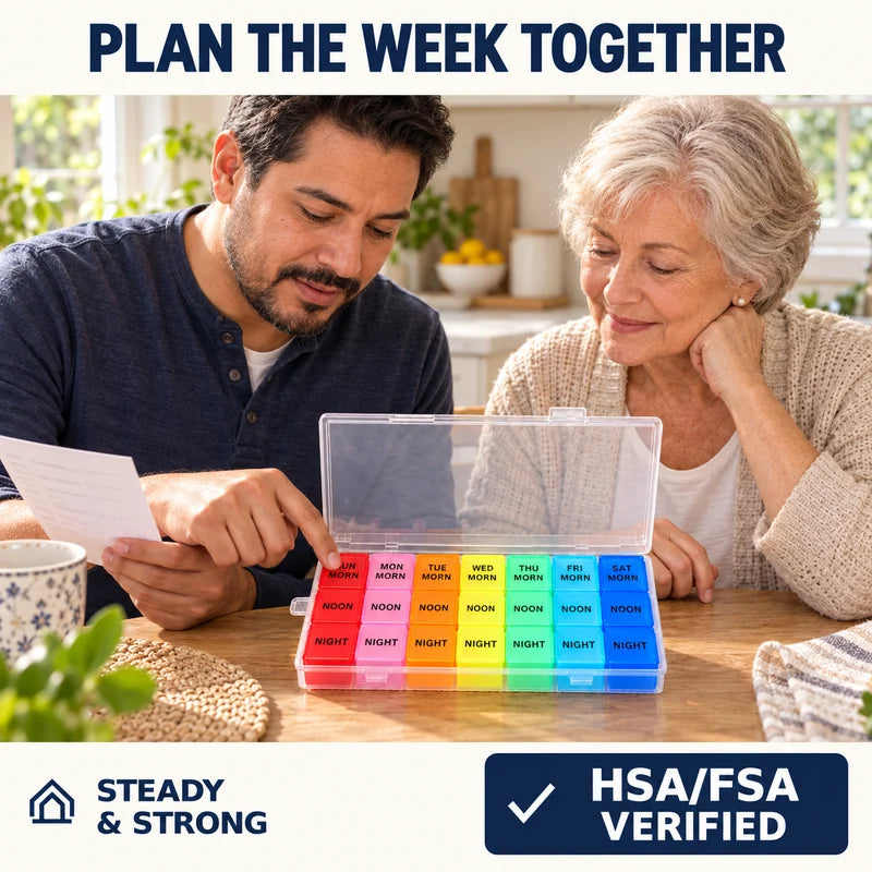 21-Compartment Pill Organizer
 — Preparing a weekly routine with a caregiver